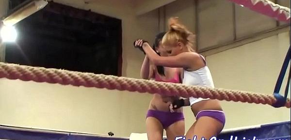  Lesbian babes wrestling in a boxing ring